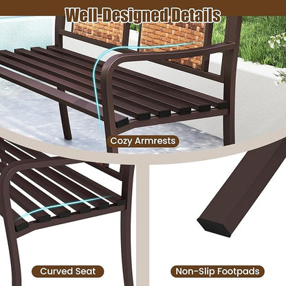 Tangkula 51” Metal Outdoor Park Bench, Patio Garden Bench with Rattan Backrest & Curved Armrests, Heavy-Duty Outside Loveseat for 2-3, Heavy-Duty Outdoor Seating for Backyard, Lawn, Porch