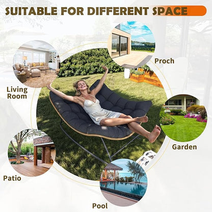 Outdoor Rocking Chair, 2 PCS Indoor Papasan Chairs, Oversized Egg Rocking Chair with Thick Cushion, Rattan Wicker Rocker Lounge Chair for Bedroom, Living Room, Patio, Garden, Porch (Dark Grey)
