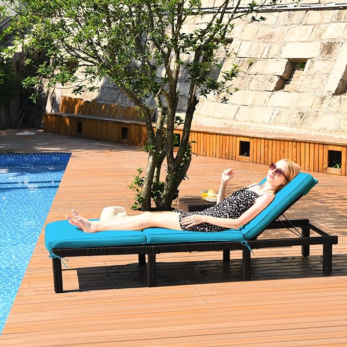Tangkula Rattan Wicker Chaise Lounge Chair, Outdoor Patio Lounger Recliner Chair w/Adjustable Backrest, Heavy-Duty Reclining Chair Sunbed w/Thick Zippered Cushion for Garden Yard Patio (1, Turquoise)