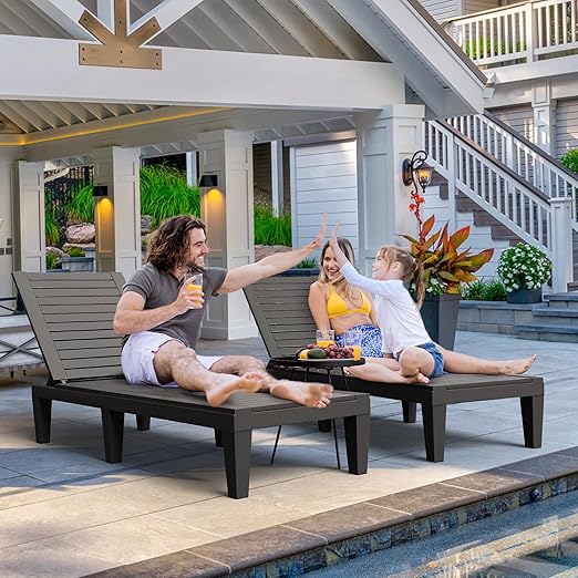 DWVO Outdoor Chaise Lounge, Pool Lounge Chair Set of 2 w/ 5-Level Backrest, Waterproof & Easy Assembly Patio Lounge Chair for Garden, Pool, and Beach (Black)