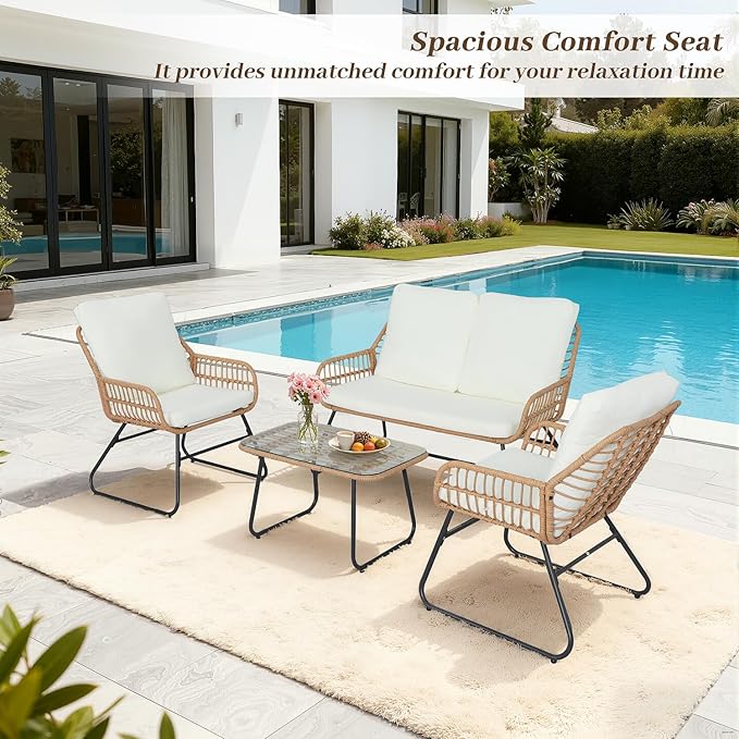 4-Piece Rattan Patio Set - All-Weather Outdoor Conversation Furniture Set Group with Tempered Glass Table & Quick-Dry - Photo 2