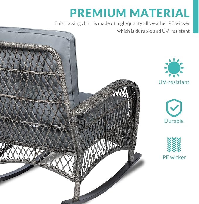 MEETWARM Outdoor Wicker Rocking Chair, Rattan Patio Rocker Chairs with Cushions and High Back, All-Weather Patio Wicker Chair with Safe Rocking Design for Garden Backyard Porch, Gray