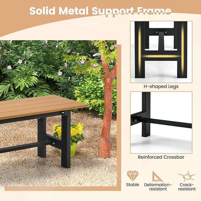 Tangkula 47 Inch HDPE Outdoor Bench Backless Set of 2, Patio Dining Bench with Slatted Seat & Heavy-Duty Metal Frame, 660 LBS Capacity, Weatherproof Outside Bench for Garden, Yard & Porch, Brown