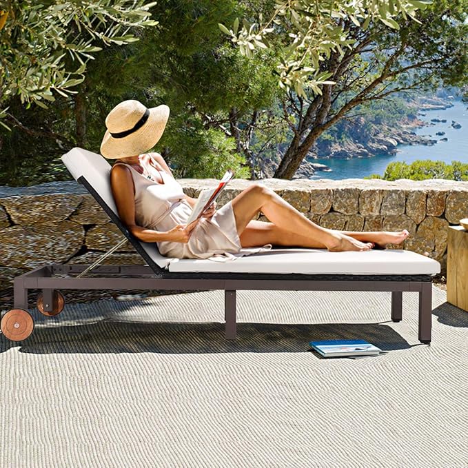 HAPPYGRILL Patio Chaise Lounge Chair Outdoor Rattan Lounger Recliner Chair Adjustable Position Folding Wicker Lounge Chair with Cushion & Wheels for Garden Patio Poolside