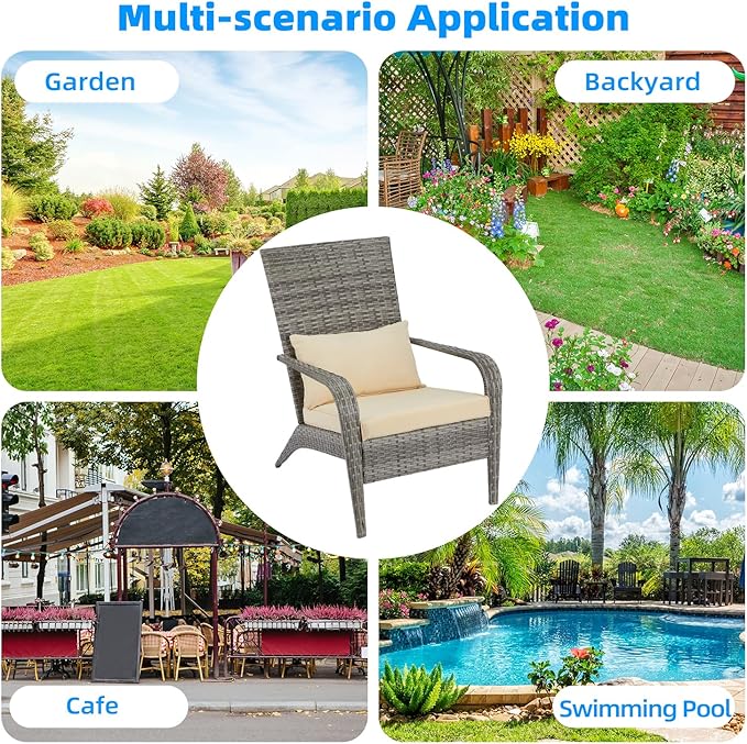 AECOJOY Outdoor Dining Chairs, Outdoor Patio Adirondack Rattan Chair with Cushion and Pillow for Garden,Backyard,Porch, Grey