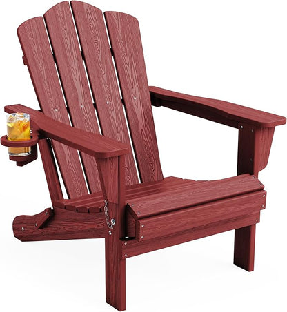 KINGYES Folding Adirondack Chair, HDPE All-Weather Patio Chairs, Wooden Textured Lawn Chair for Poolside, Backyard, Deck, Fire Pit, Red