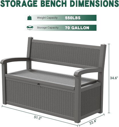 LHBcraft 70 Gallon Outdoor Storage Bench Deck Box Lockable for Patio Furniture, Outdoor Porch Bench with Storage Waterproof for Cushions, Garden Tools and Pool Supplies, Grey