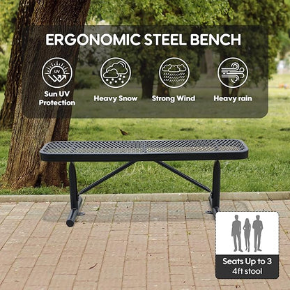 4 Feet Outdoor Steel Bench, Black Heavy Duty Metal Park Bench for Outside, Weatherproof Dock Bench, 48" L Commercial Benches Mesh Bench for Shopping Mall, Store, Lawn, Park, Patio, Deck, Garden