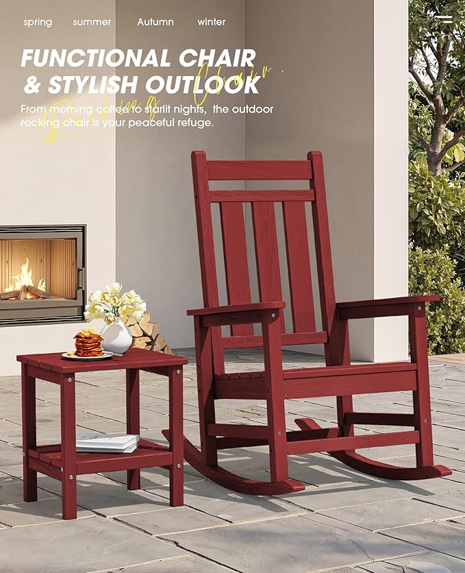 KINGYES Oversized Outdoor Rocking Chair Set of 2, All-Weather Patio Rocking Chairs for Porch, HDPE Outdoor Patio Rockers with High Back & Wide Seat for Garden, Lawn, Red