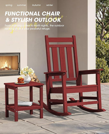 KINGYES Oversized Outdoor Rocking Chair, All-Weather Patio Rocking Chairs for Porch, HDPE Outdoor Patio Rockers with High Back & Wide Seat for Garden, Lawn, Red