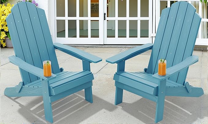 MXIMU Folding Adirondack Chair for Outdoor: Easy Assembly and Comfortable HIPS All-Weather Adirondack Chairs Set of 2 - Wooden Textured Patio Chair for Lawn Garden Deck Backyard Fire Pit