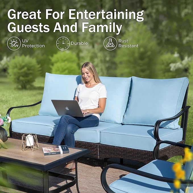 PHI VILLA Wicker & Metal Outdoor Patio Couch, 3-Seat Patio Sofa with Deep Seating for Front Porch, Deck, Balcony - Photo 3