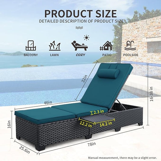 WAROOM Outdoor Chaise Lounge Chairs for Outside Patio Furniture Set of 2 Wicker Recliner Black Rattan Sunbathing Lounger Adjustable Backrest Pool Reclining Chair, Peacock Blue Cushion