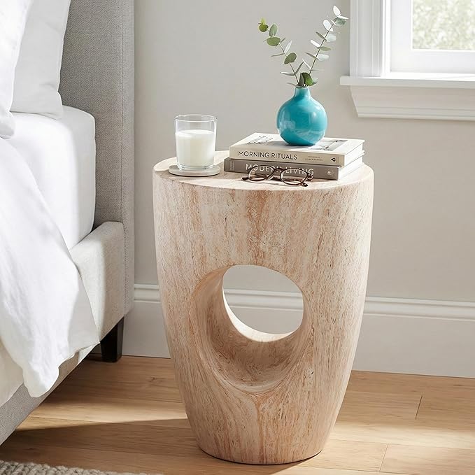 Merax 19.29" H Modern Round MgO Side Table with Cutout Accent, Faux Marble Outdoor Garden Stool & Indoor End Table, Weather Resistant Decorative Accent Table, No Assembly Required, Beige Marble