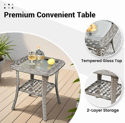 ovios Outdoor Side Table with Tempered Glass Top, Patio Wicker Rattan Bistro Coffee Tables with 2 Tiers Storage for Porch Deck Balcony Garden Poolside, Light Grey