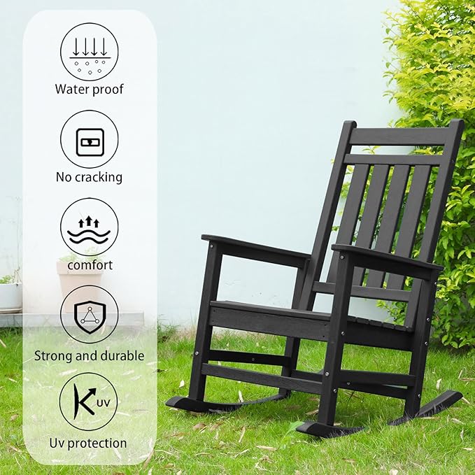Outdoor Rocking Chair for Adults, High Back Patio Rocking Chair, HDPE All Weather Resistant Porch Rocker for Lawn, Porch, Backyard, Indoor and Garden (Black)
