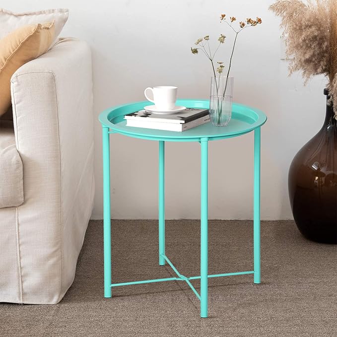 VECELO Side/End Table, Folding Round Metal Anti-Rust and Waterproof Outdoor or Indoor Tray for Living Room Bedroom Balcony and Office, 1 PCS, Green
