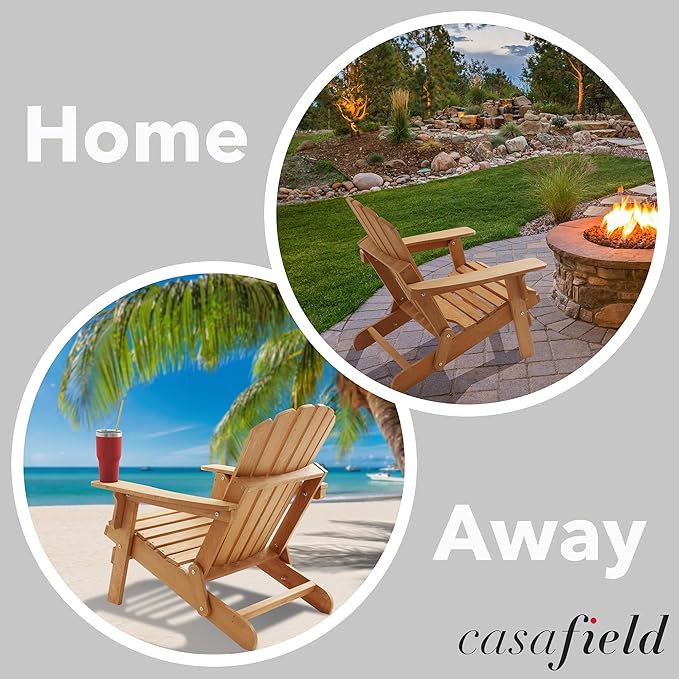 Casafield Oversized Folding Adirondack Chair, Cedar Wood Outdoor Fire Pit Lounge Chairs for Patio, Deck, Yard, Lawn and Garden Seating, Partially Pre-Assembled - Natural