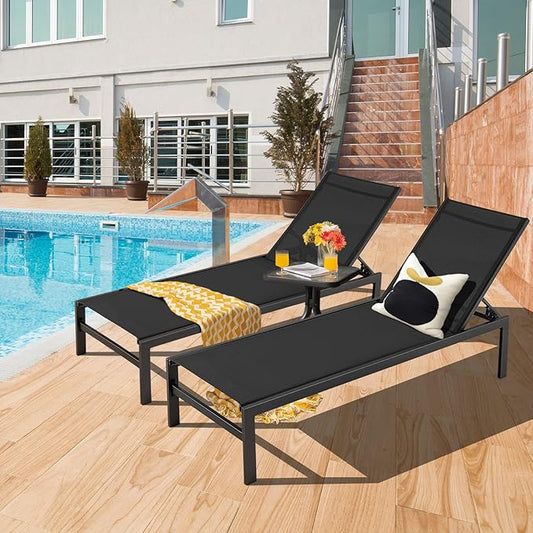 Tangkula Aluminum Lounge Chair Outdoor, Patio Adjustable Chaise Lounge with 6-Position Backrest, Aluminum Frame, Breathable Fabric, Lightweight Recliner Pool Chairs for Poolside, Backyard (2, Black)