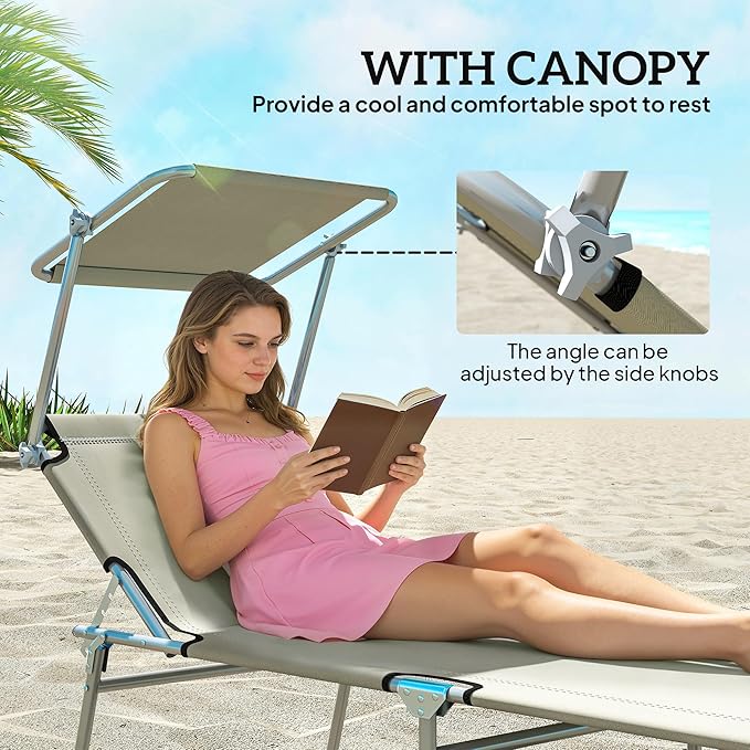 Outsunny Outdoor Lounge Chair, Adjustable Folding Chaise Lounge, Tanning Chair with Sun Shade for Beach, Camping, Hiking - Photo 5