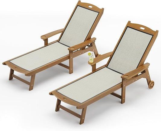 LUE BONA Chaise Lounge Chair Outdoor Set of 4, HDPS and HDPE Wicker Material, Patio Lounge Chair with Adjustable Backrest, Resin Pool Lounge Chairs with Wheels for Backyard, Poolside and Deck