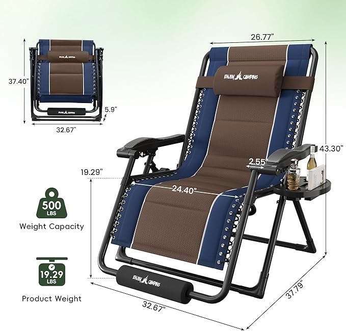Amopatio Zero Gravity Reclining Patio Chair XXL Foldable Lounge Chair with Removable Cup Holder/Headrest/Footrest 500LBS Capacity Portable for Outdoor Patio Pool Backyard,Blue-Brown