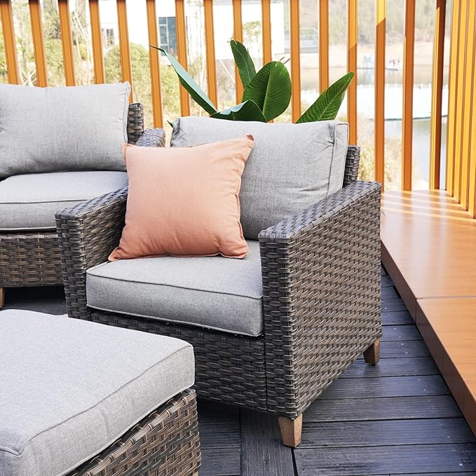 Grand patio Sofa Sets 6 Pieces Conversation Set with Fire Pit Table, Wicker Patio Furniture Sectional Sofa with Thick Cushions for Yard Garden Porch (Set for 5 Firetable, 6 PCS)