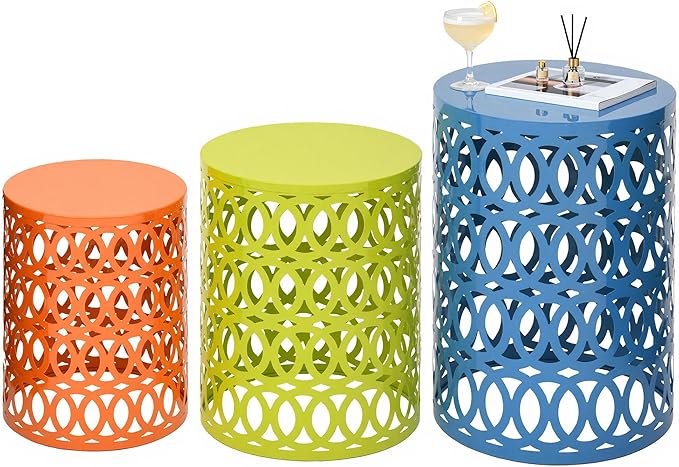 Side Table Set of 3, Modern Decorative Coffee Table with Geometric Cut-Out Design, Durable Metal Table with No Assembly&Weather-Resistant, Industrial Round Garden Stool for Patio, Indoor