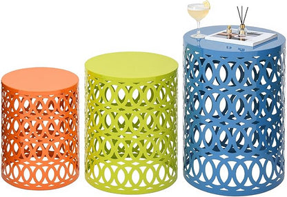 Side Table Set of 3, Modern Decorative Coffee Table with Geometric Cut-Out Design, Durable Metal Table with No Assembly&Weather-Resistant, Industrial Round Garden Stool for Patio, Indoor