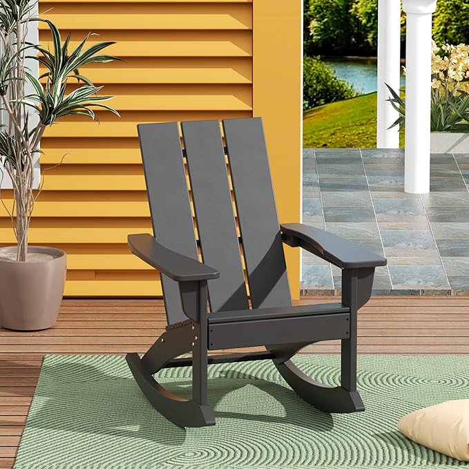 WestinTrends Ashore Patio Rocking Chair, All Weather Poly Lumber Plank Adirondack Rocker Chair, Modern Farmhouse Outdoor Rocking Chairs for Porch Garden Backyard and Indoor, Gray