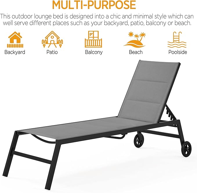 Yaheetech Outdoor Patio Chaise Lounge, All Weather Outdoor Lounge with Wheels, 5-Position Adjustable Recliner for Patio - Photo 7