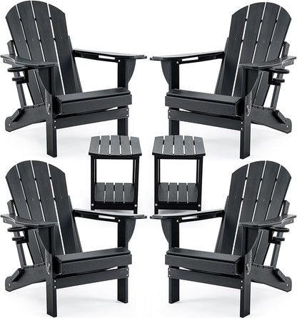 Folding Adirondack Chair Set with Side Table - HDPE Outdoor Patio Chairs, Weatherproof Chair with Reclining Back, Cup & Phone Holder, and 2-Tier Storage End Table for Firepit or Garden (Black)