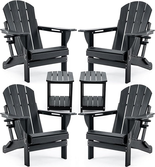 Folding Adirondack Chair Set with Side Table - HDPE Outdoor Patio Chairs, Weatherproof Chair with Reclining Back, Cup & Phone Holder, and 2-Tier Storage End Table for Firepit or Garden (Black)