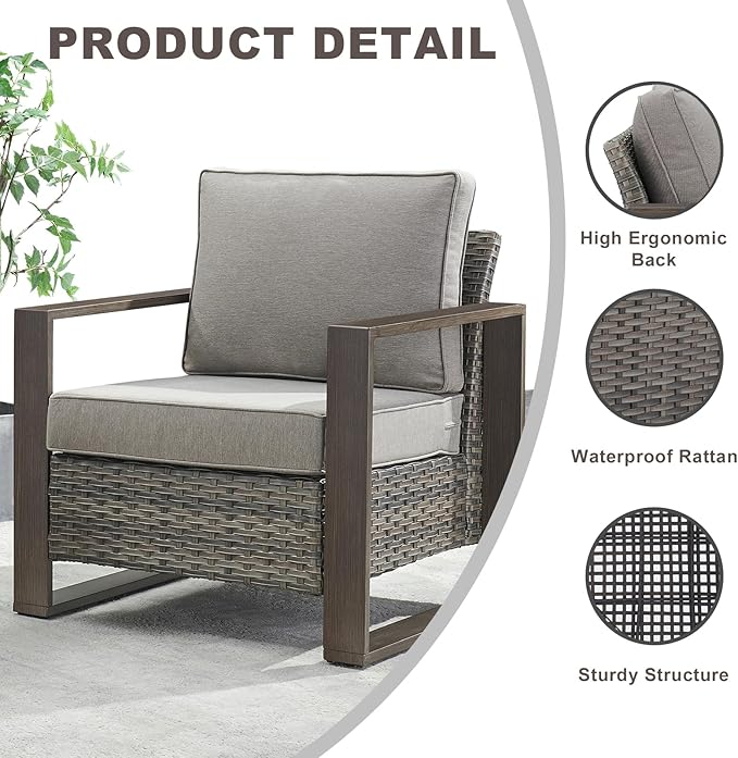 Rilyson Outdoor Wicker Patio Furniture Set - 4 Piece Patio Conversation Set with 2 Wicker Armrest Chairs,2 Rattan Ottoman, Sturdy Frame, Thick Cushions, Deep Seating(Mixed Grey/Grey)