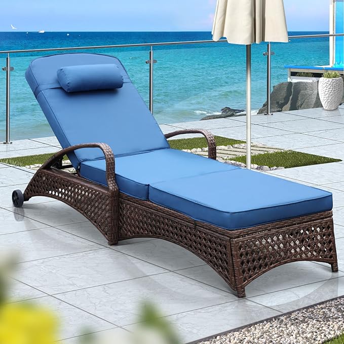 NOBLEMOOD Outdoor Chaise Lounge Wicker Patio Lounge Chair with Wheels, Adjustable 6 Position Pool Reclining Chair with Blue Thickened Fabric Cushion & Pillow, Pack of 2