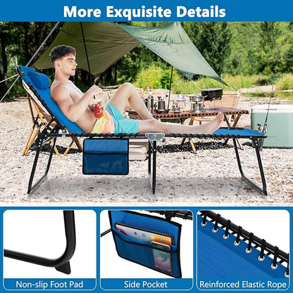 Giantex Patio Lounge Chairs for Outside - Set of 2 Folding Tanning Chair w/Headrest, 4 Adjustable Positions, Side Pocket, Outdoor Chaise Lounge for Camping, Pool, Sunbathing Beach Chair, Navy