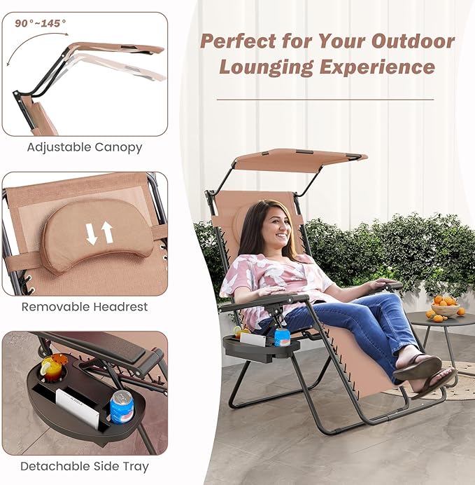 Goplus Zero Gravity Chairs, X-Large Folding Lounge Lawn Chair w/Canopy Shade & Cup Holder - Photo 6
