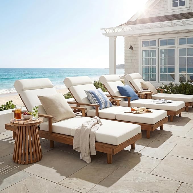 Merax Acacia Wood Outdoor Chaise Lounge Chair Set of 4, Thick 4-Fold Cushion & Headrest, 3-Position Adjustable Backrest, Modern 76.8" L Large Patio Pool Sun Lounger for Garden Beach Yard, Beige+Teak