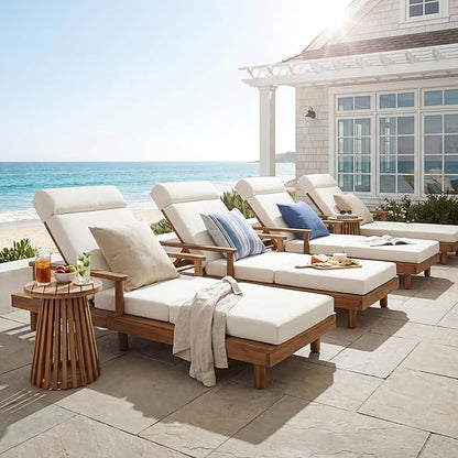 Merax Acacia Wood Outdoor Chaise Lounge Chair Set of 4, Thick 4-Fold Cushion & Headrest, 3-Position Adjustable Backrest, Modern 76.8" L Large Patio Pool Sun Lounger for Garden Beach Yard, Beige+Teak