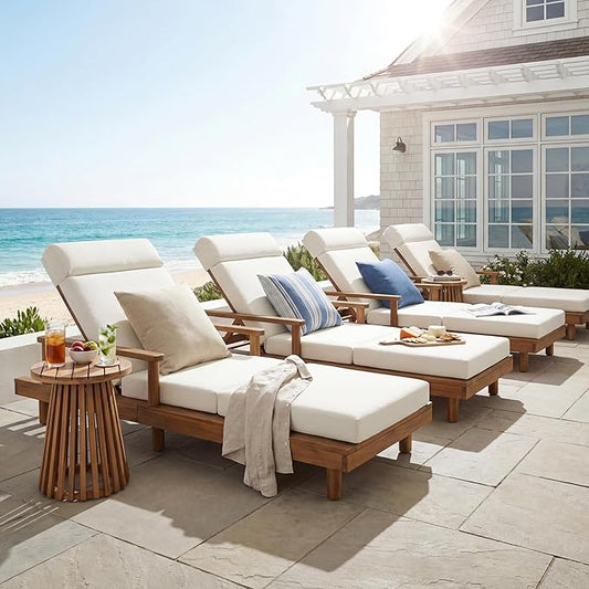 Merax Acacia Wood Outdoor Chaise Lounge Chair Set of 4, Thick 4-Fold Cushion & Headrest, 3-Position Adjustable Backrest, Modern 76.8" L Large Patio Pool Sun Lounger for Garden Beach Yard, Beige+Teak