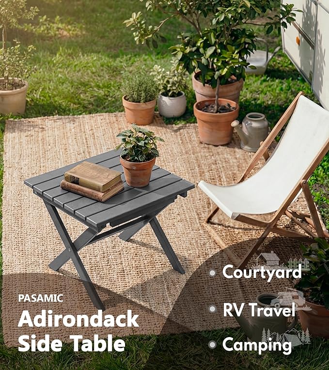 PASAMIC Folding Outdoor Side Table, Small Outdoor Table, Portable, No Assembly, Weather-Resistant HDPE End Table for Camping, RV, Poolside, Garden (Gray)