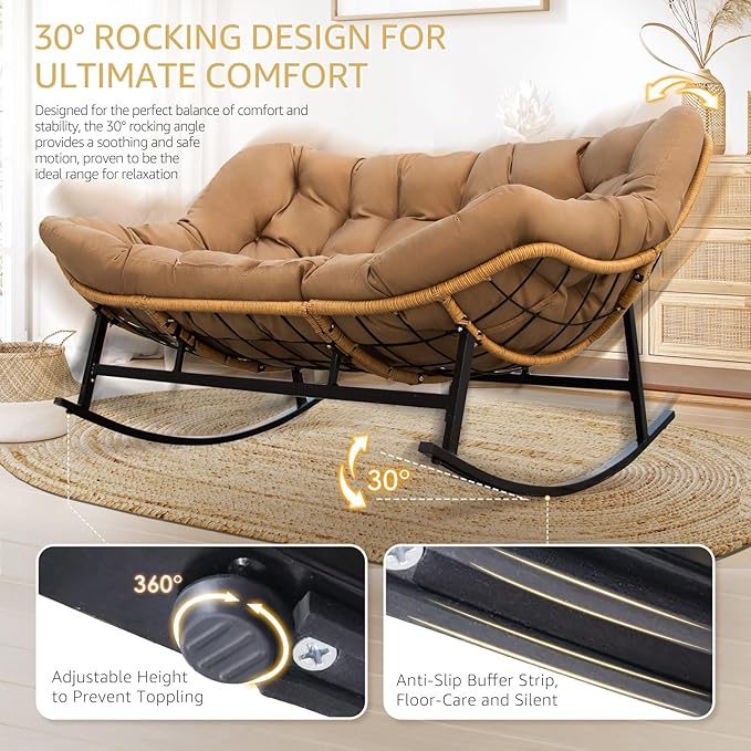 NICESOUL Double Large Papasan Chair Outdoor, Oversized 2 Person Egg Rocking Chair with Cushions, 700 lbs Heavy-Duty Wicker Loveseat Recliner Glider for Outdoor & Indoor Patio, Balcony & Garden, Brown