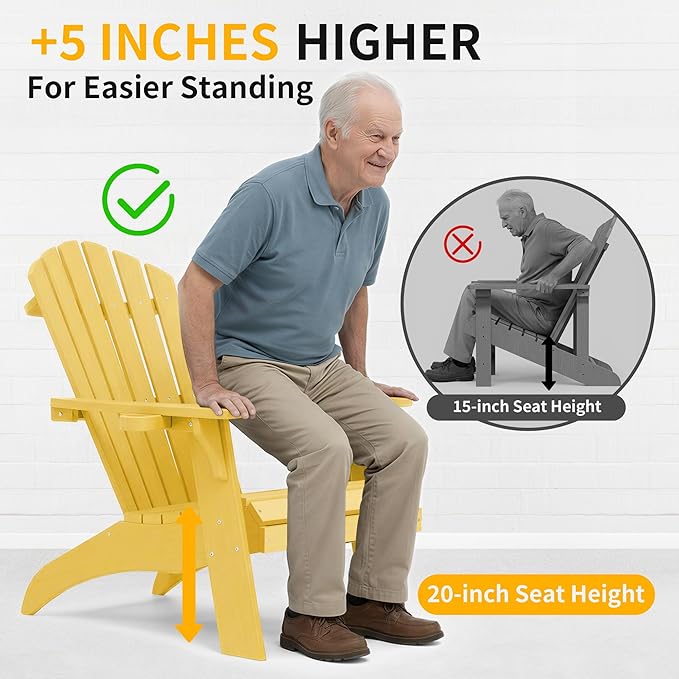 Psilvam Adirondack Chair, Oversized Poly Lumber Fire Pit Chair with Cup Holder, 350Lbs Support Patio Chairs for Garden, Weather Resistant Adirondack Chair Looks Like Real Wood (2, Yellow)