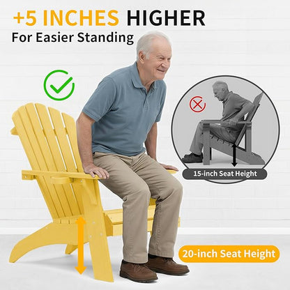 Psilvam Adirondack Chair, Oversized Poly Lumber Fire Pit Chair with Cup Holder, 350Lbs Support Patio Chairs for Garden, Weather Resistant Adirondack Chair Looks Like Real Wood (2, Yellow)