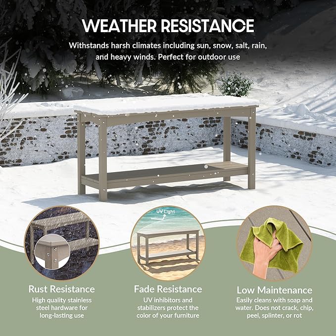 WestinTrends Malibu 55" Outdoor Patio HDPE Adirondack 2-Tier Shelf Console Table, Weathered Wood