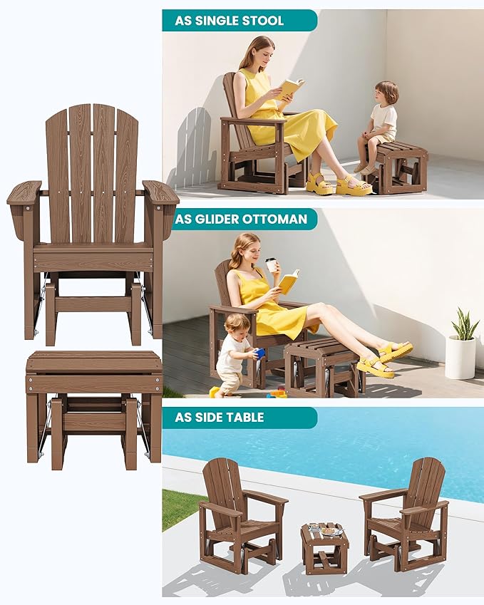 SERWALL Outdoor Glider Chair Set of 2 with Ottoman, HDPE Wood-Like Patio Glider Set All-Weather Porch Glider for Outside - Photo 5