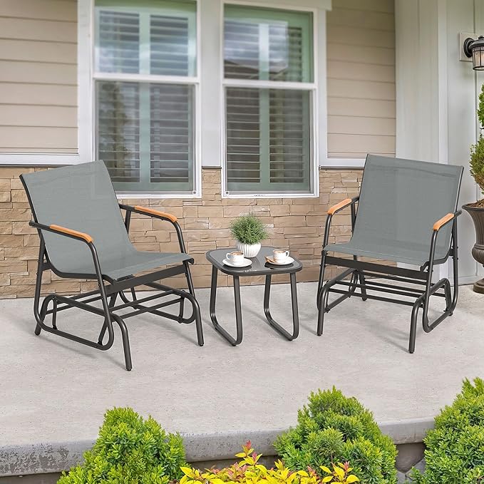 YITAHOME 3 Piece Patio Furniture Set, Outdoor Glider Chair Bistro Set, Coffee Table with Tempered Glass Tabletop, Patio Textilene Chairs Set of 2 for Backyard, Lawn, Garden, Balcony and Porch, Grey