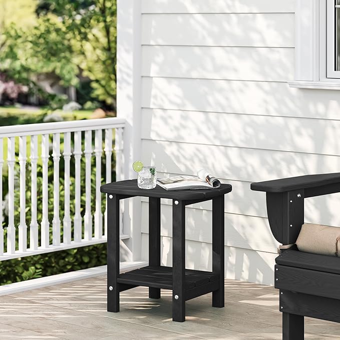 Adirondack Outdoor Side Table, 16.5” HDPE Small Patio Table with Storage Shelf, Weather Resistant End Table for Porch, Pool & Yard (Black)
