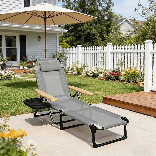 Folding Outdoor Chaise Lounge Chair, Portable Camping Cot with Headrest, 4 Position Beach Lounge with Cup Holders & Wooden Armrests, Sun Tanning Chair for Patio Pool Lawn, Supports 350lbs (Grey)