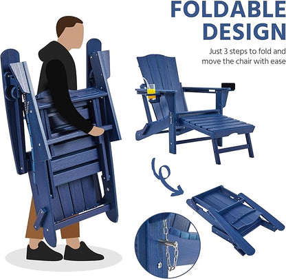 Yaheetech Adirondack Chair with Retractable Ottoman, All Weather Patio Folding Fire Pit Chair with Cup Holder and Phone Holder for Outdoor Poolside, Navy Blue, 2 pcs